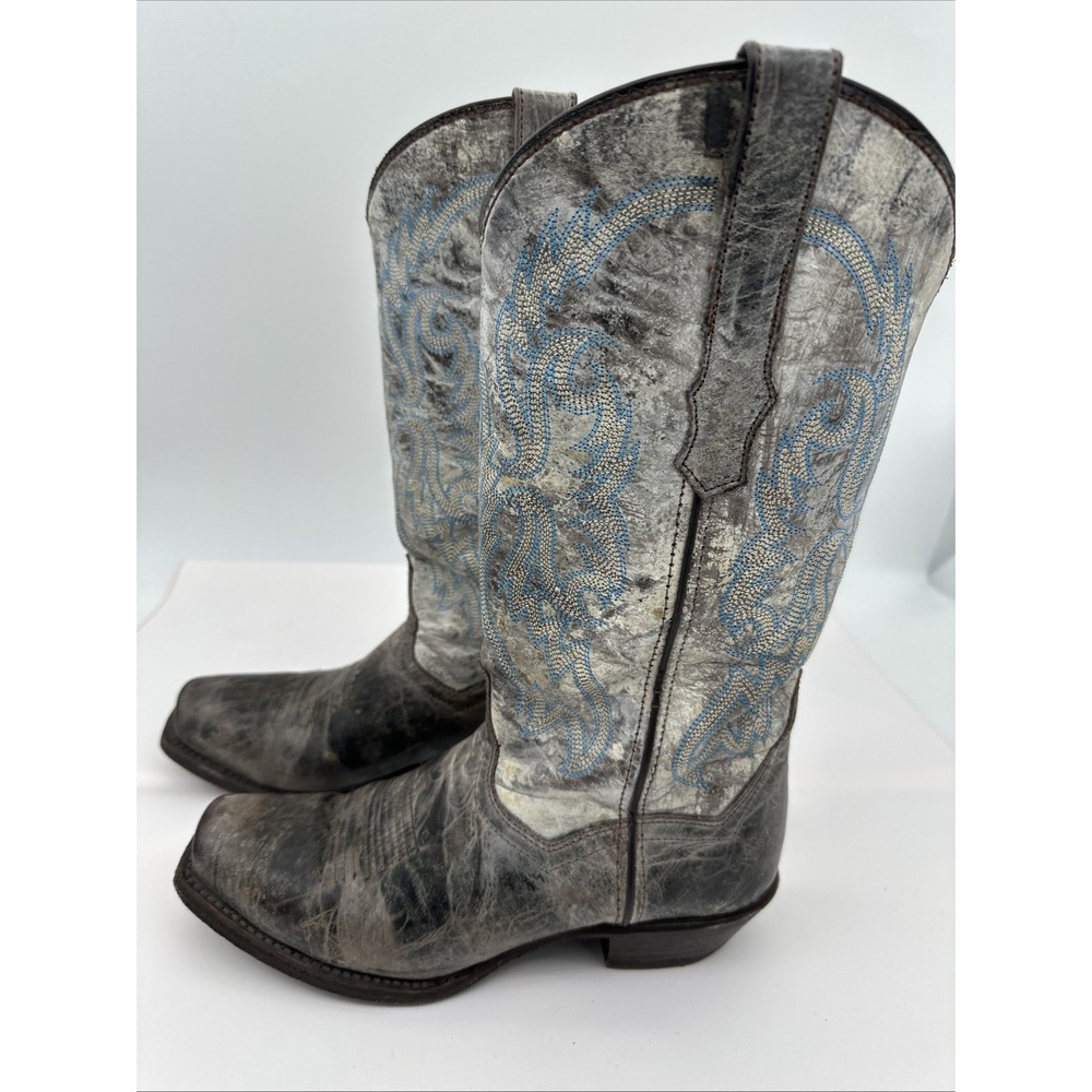 Women's Gray Distress Vaccari Boots Embroidered Cowboy Square Toe Sz 9